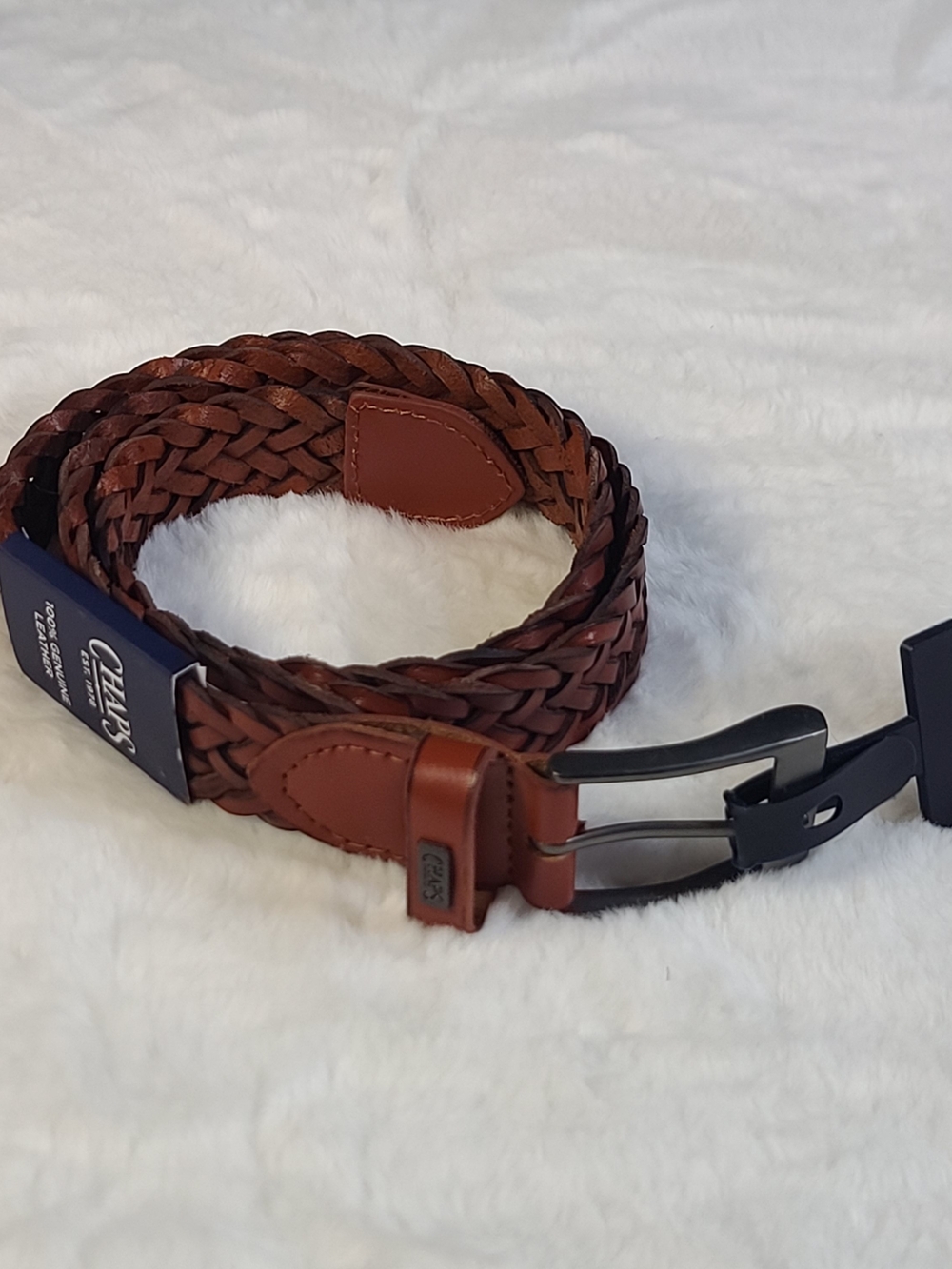 Chaps Braided Leather Belt in Chestnut Brown with Black Buckle